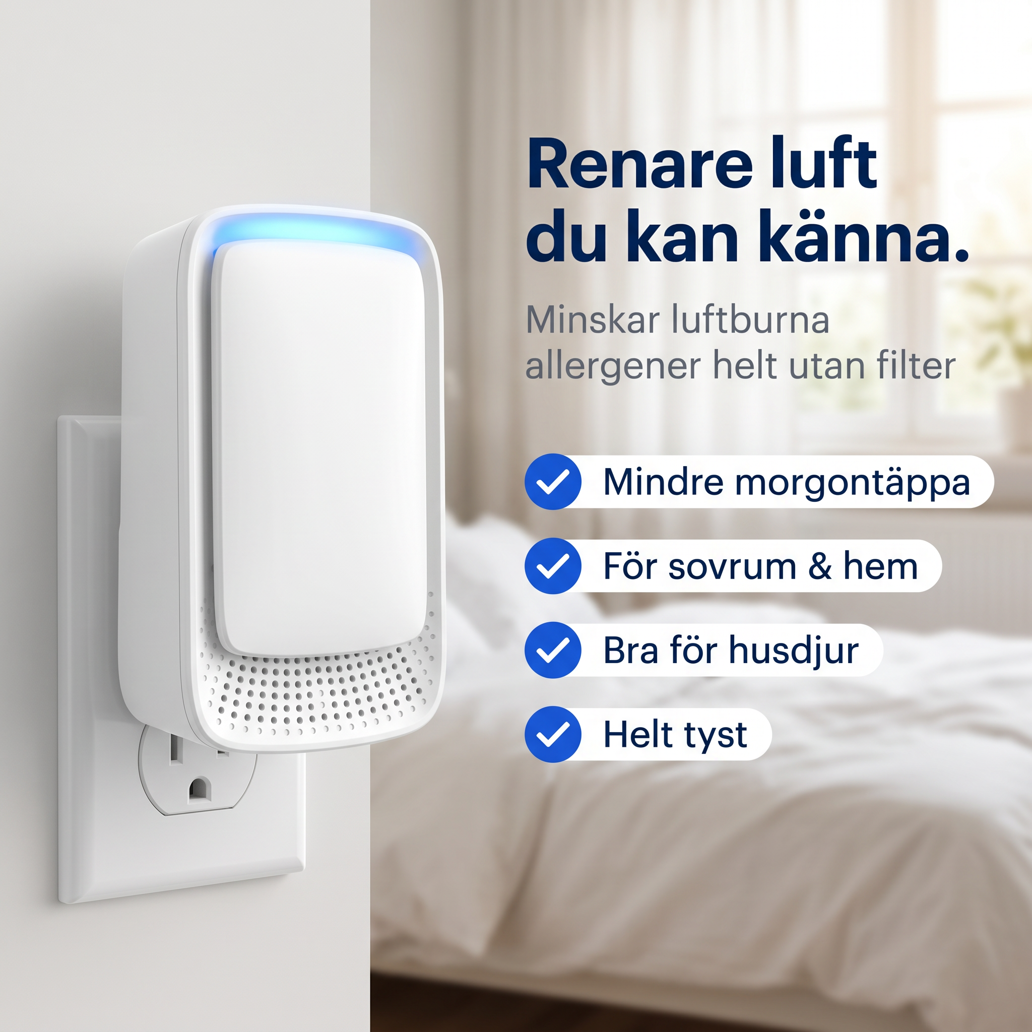 Zvarelo™ KvalsterFri — Jonisatorn som rengör sovrumslukten tyst och filterfritt så att du vaknar klarare
