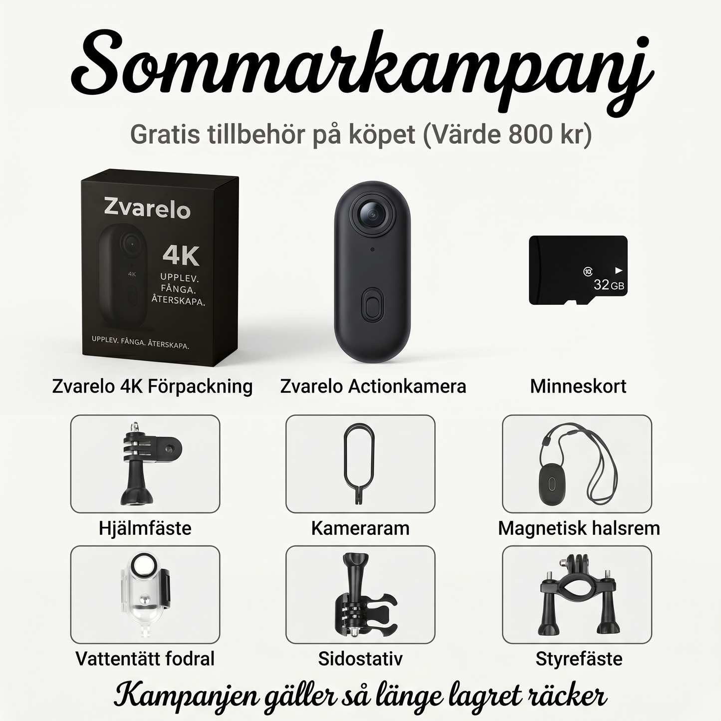 Zvarelo — Actionkameran som filmar äventyr i 4K med vattentätt hölje och fästen för hjälm, cykel och surfboard