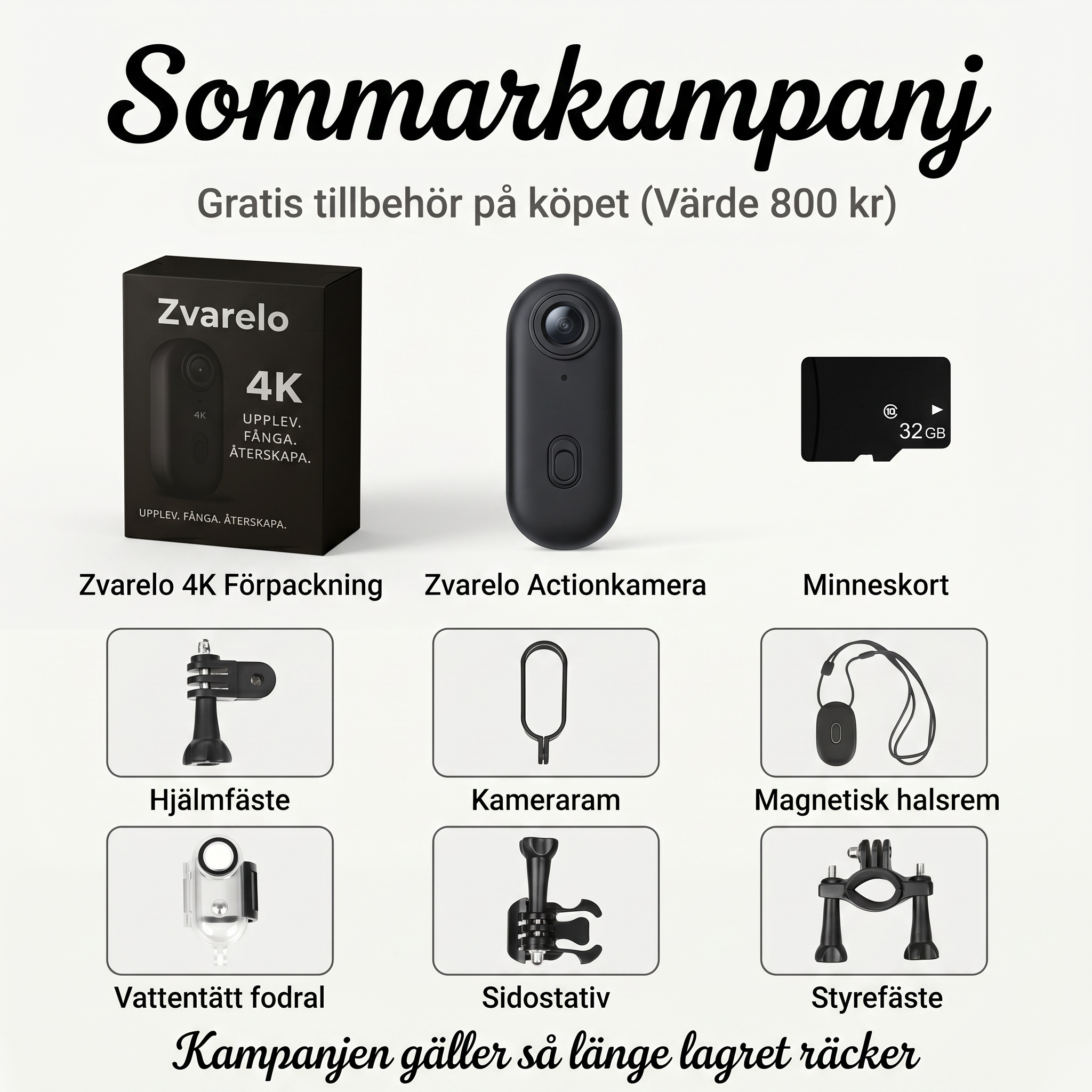 Zvarelo™ — Actionkameran som filmar äventyr i 4K med vattentätt hölje och fästen för hjälm, cykel och surfboard