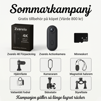 Zvarelo — Actionkameran som filmar äventyr i 4K med vattentätt hölje och fästen för hjälm, cykel och surfboard