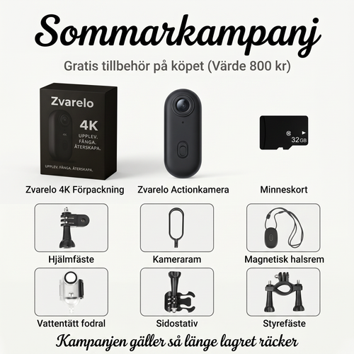 Zvarelo™ — Actionkameran som filmar äventyr i 4K med vattentätt hölje och fästen för hjälm, cykel och surfboard
