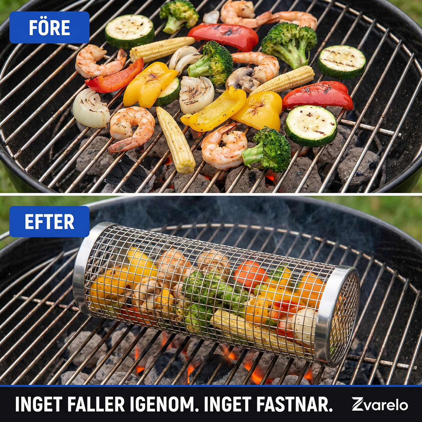 Zvarelo™ — Grillkorgen som håller räkor och grönsaker på plats, ger äkta grillsmak och diskas ren på fem minuter