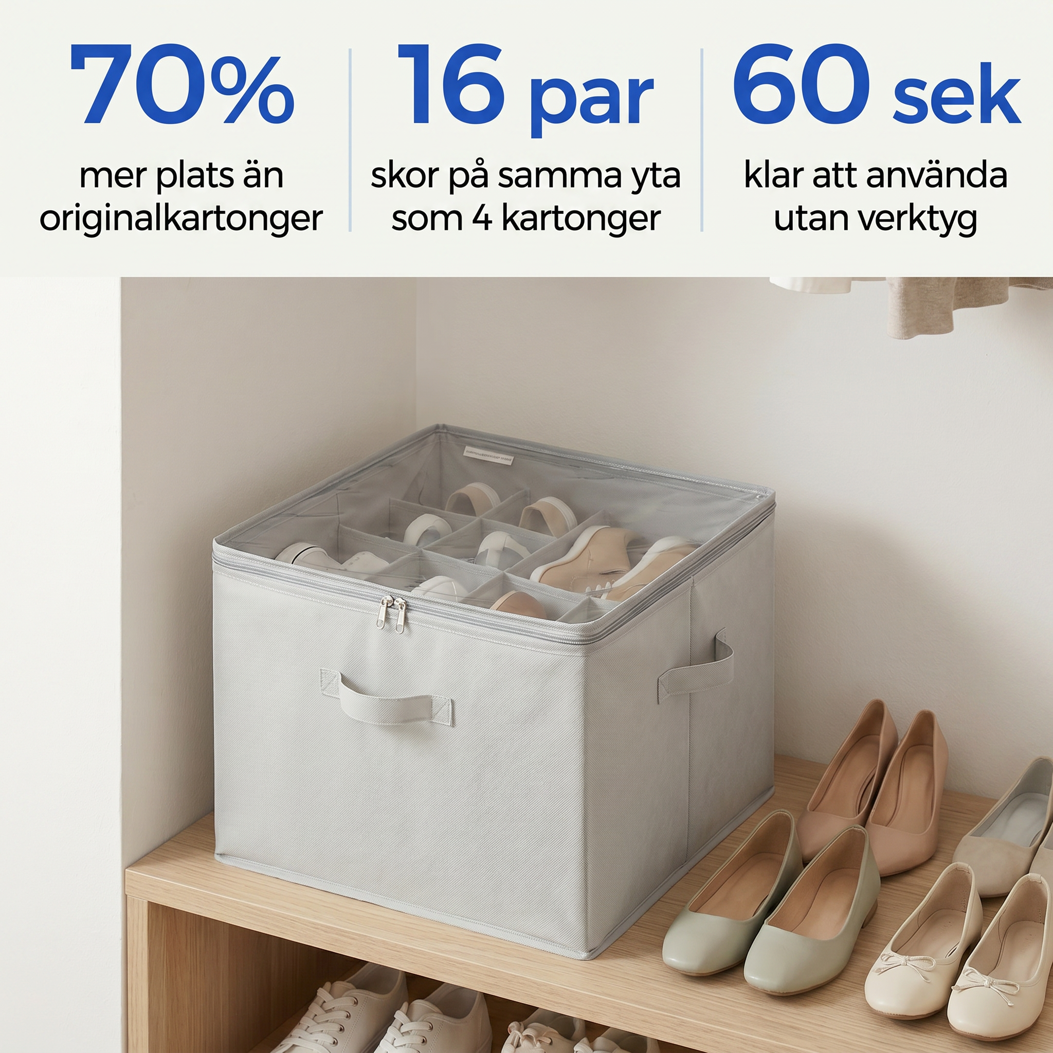 Zvarelo™ — Hopfällbar skoförvaringslåda som ger dig ordning och 70% mer plats i garderoben
