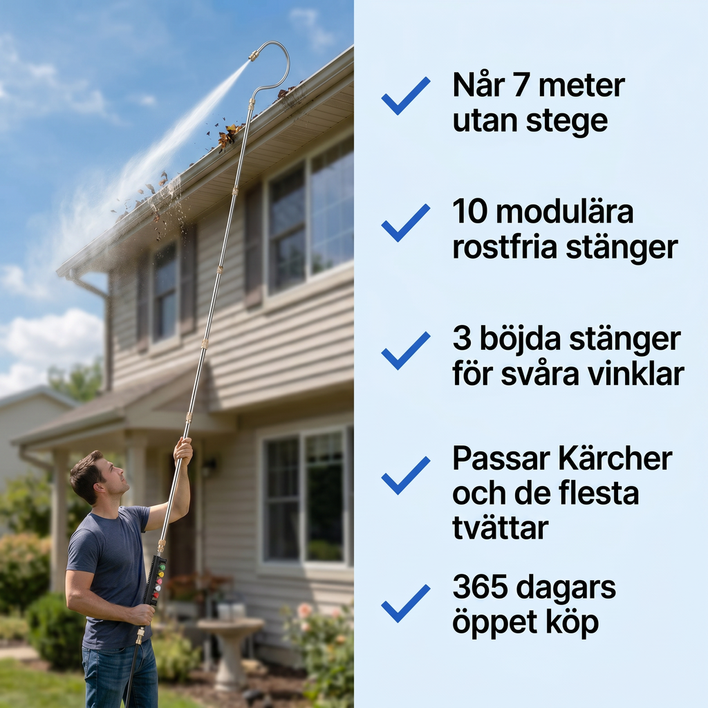 Zvarelo™ — Den Originella Högtrycksstaven som låter dig rengöra tak och rännor utan stege