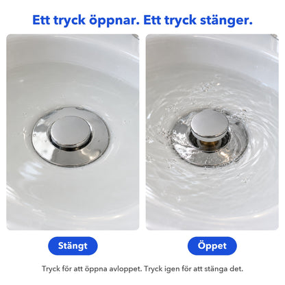 Avloppsfilter med pop-up i stängt och öppet läge i handfatet
