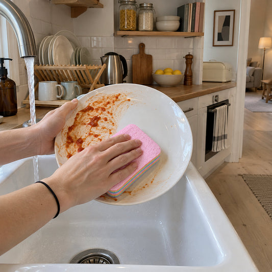 Två händer diskar en tallrik med tomatsås med den rosa avskalbara diskduken vid diskhon i ett kök