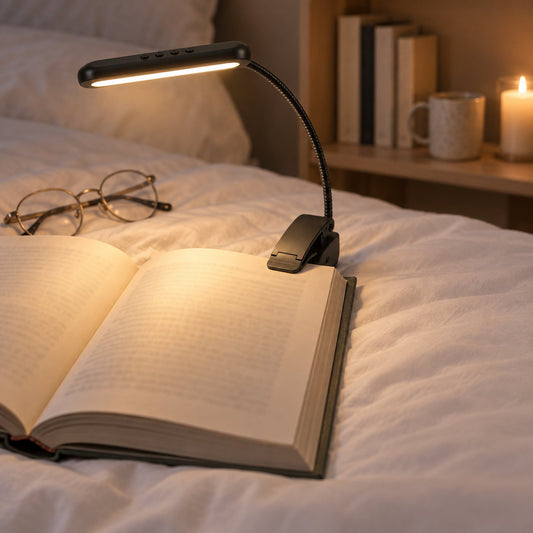 Svart klipslampa med böjlig arm som lyser mjukt över en uppslagen bok