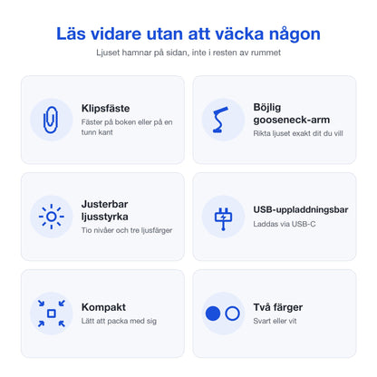 Fakta om bokläsarlampan: klipsfäste, böjlig arm, justerbar ljusstyrka, USB-C-laddning, kompakt och två färger