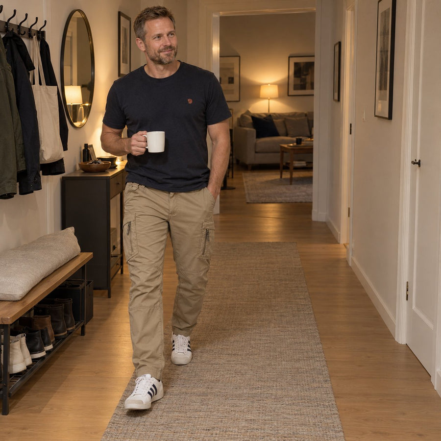 Man i khakifärgade cargobyxor med många fickor går med en kaffekopp genom en inredd hall hemma en lugn kväll