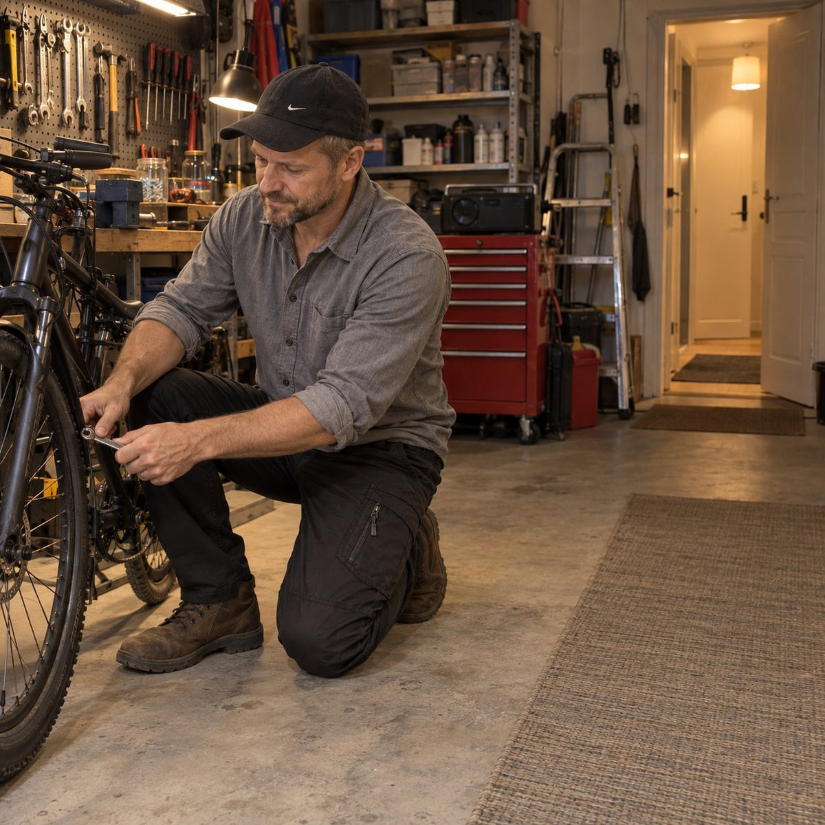 Man i svarta cargobyxor knäar vid en cykel och drar åt en bult i ett inrett garage med verkstad