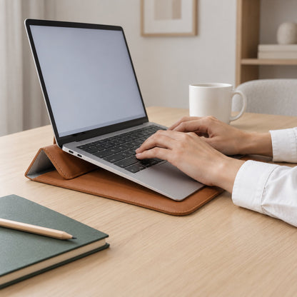 Bärbart datorfodral i konjakbrunt PU-material som ställ under en laptop på ett skrivbord