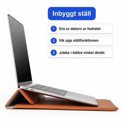 Datorfodralets inbyggda ställ lyfter laptopen i bättre vinkel, sett från sidan