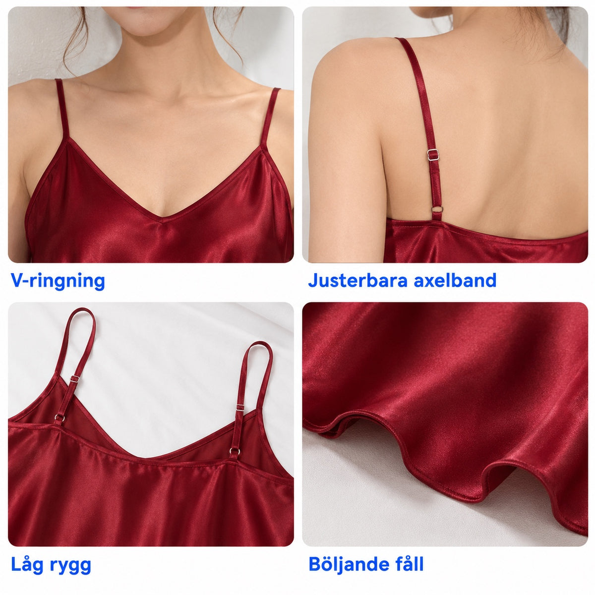 Detaljer på vinrött satinnattlinne: V-ringning, justerbara axelband, låg rygg och böljande fåll