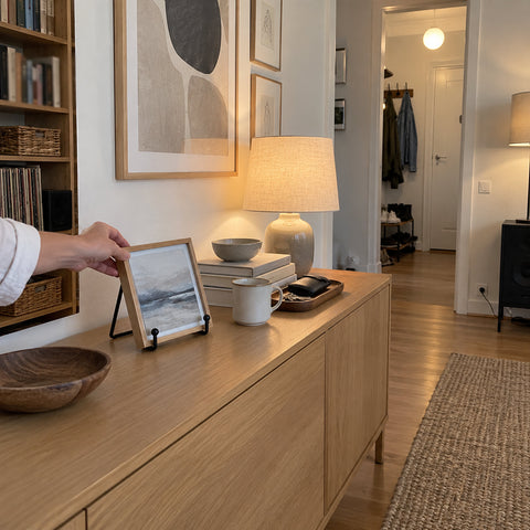Hand som ställer en liten inramad bild på Zvarelos displayställ på ett skänkbord i vardagsrummet