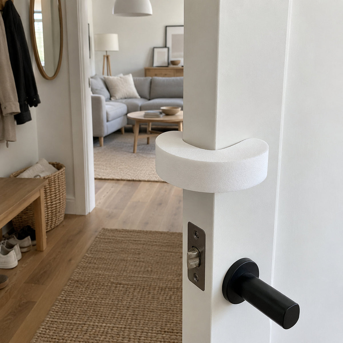 Vit dörr som hålls på glänt av ett vitt dörrstopp i skum på dörrkanten med utsikt in i ett vardagsrum