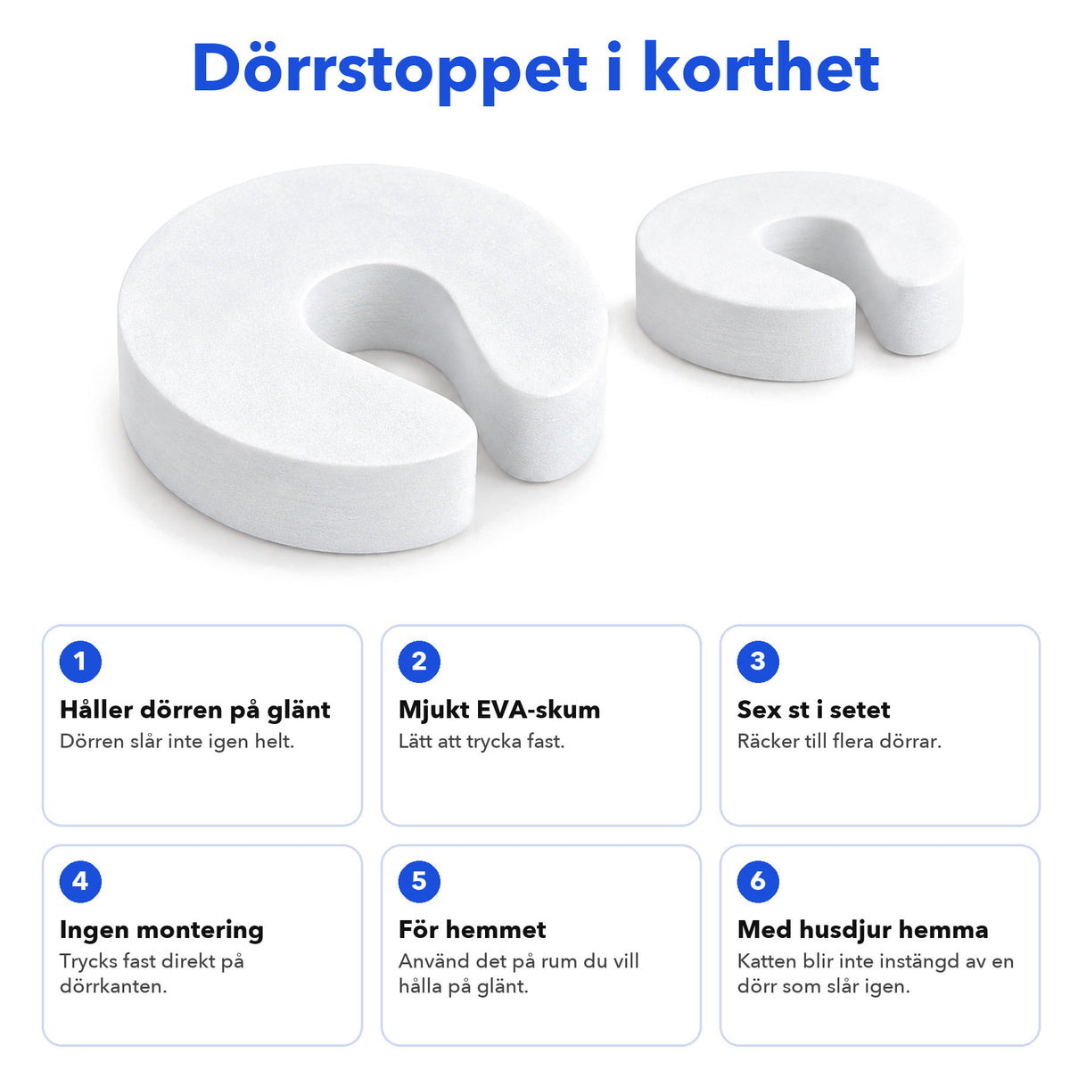 Infografik med dörrstoppet i skum och sex egenskaper: håller dörren på glänt, mjukt EVA-skum, sex st i setet, ingen montering, för hemmet och med husdjur hemma