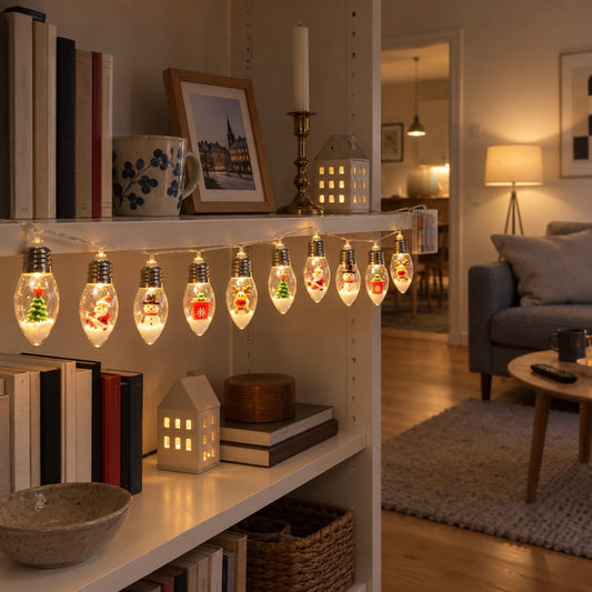 Ljusslinga med tio tända snökulor med julfigurer längs en hylla i en bokhylla i vardagsrummet