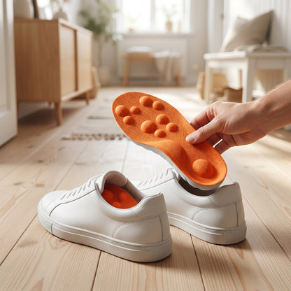 Hand sätter orange ergonomisk innersula i en vit sneaker