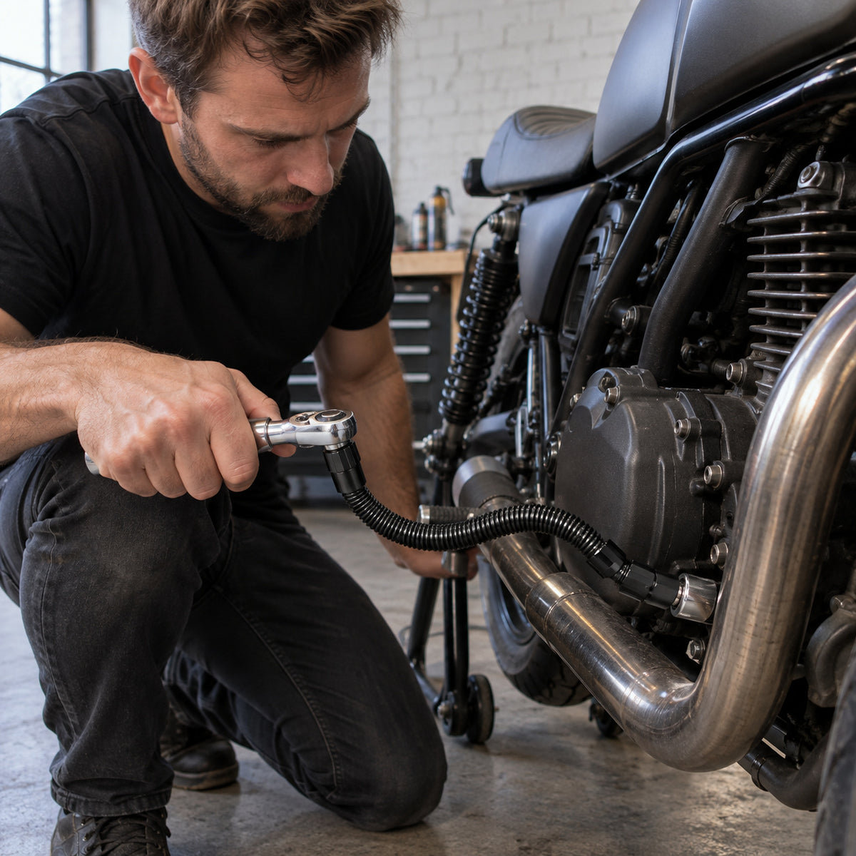Flexibel hylsförlängare som används på en motorcykel för att nå en bult bakom avgasröret