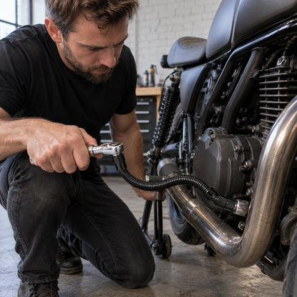 Flexibel hylsförlängare som används på en motorcykel för att nå en bult bakom avgasröret