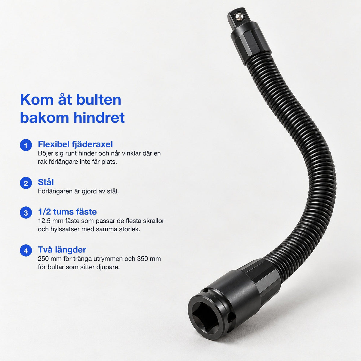 Infografik med fyra fördelar: flexibel fjäderaxel, stål, 1/2 tums fäste och två längder