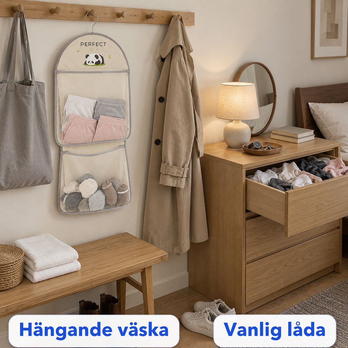 Jämförelse mellan en rörig låda med strumpor och underkläder och den hängande väskan med sorterade fack, med texterna Hängande väska och Vanlig låda