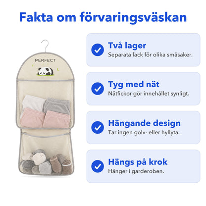 Fakta om förvaringsväskan: två lager, tyg med nät, hängande design, hängs på krok