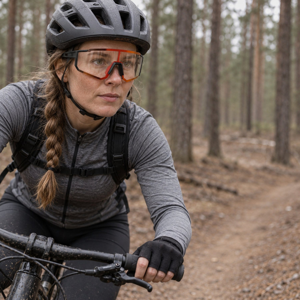 Kvinna cyklar på skogsstig med fotokroma cykelglasögon med klara linser