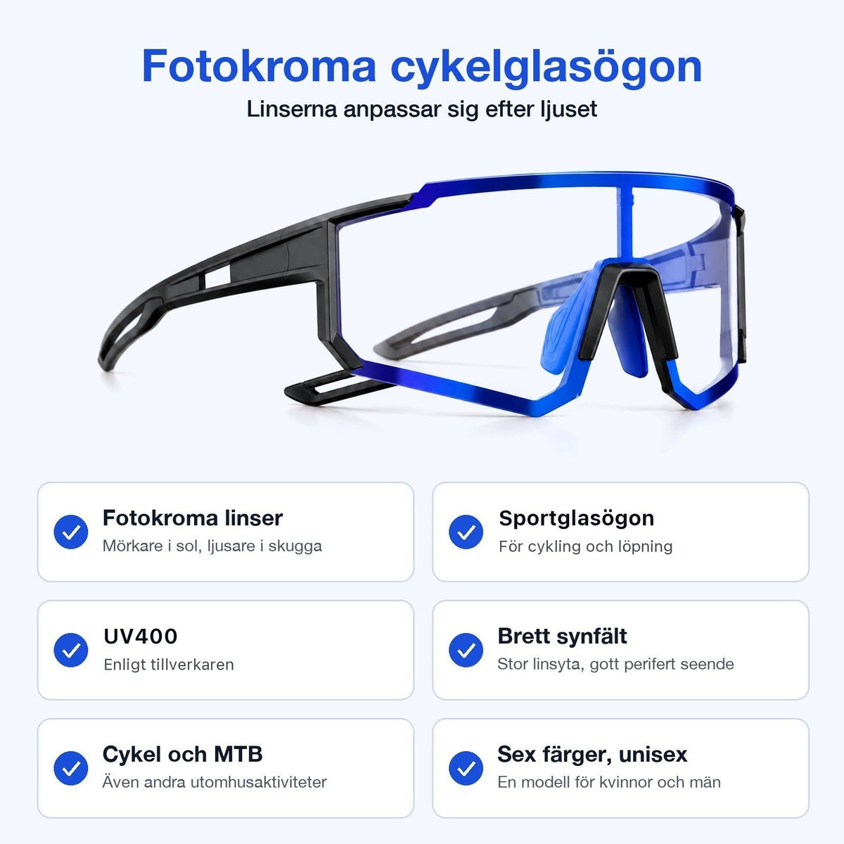 Fotokroma cykelglasögon: fotokroma linser, sportglasögon för cykling och löpning, UV400 enligt tillverkaren, brett synfält, unisex