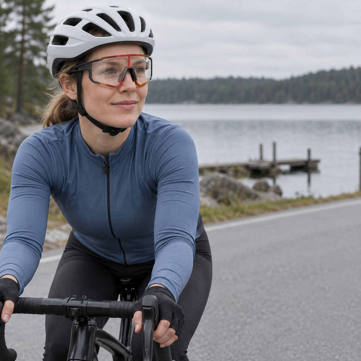 Kvinna cyklar längs en sjö med fotokroma cykelglasögon