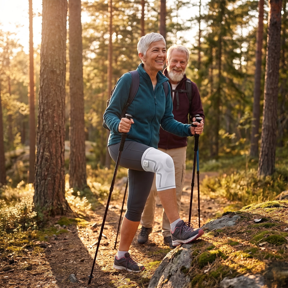 Äldre par vandrar i höstskog kvinnan bär den vita knäortosen