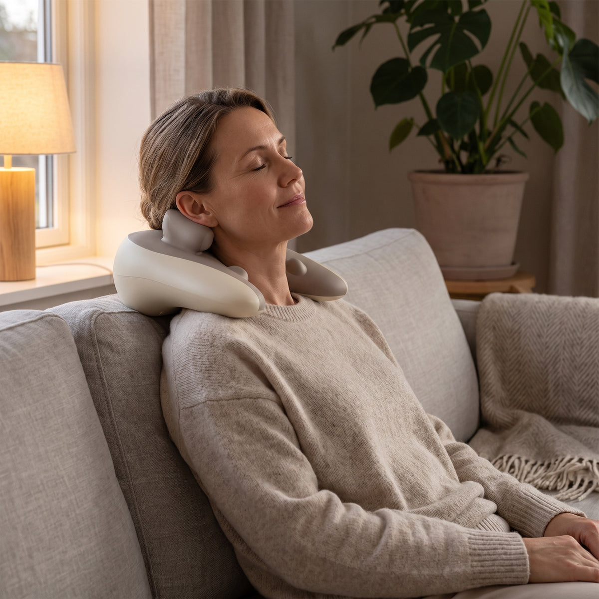 Kvinna vilar i soffan med nackmassagen över axlarna i kvällsljus