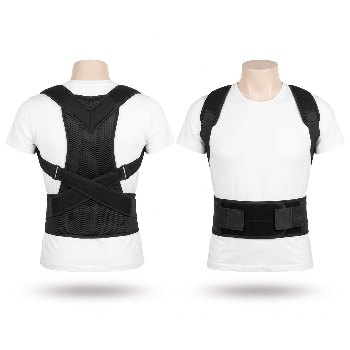 Fram- och bakvy packshot av hållningsstödet på vit torso