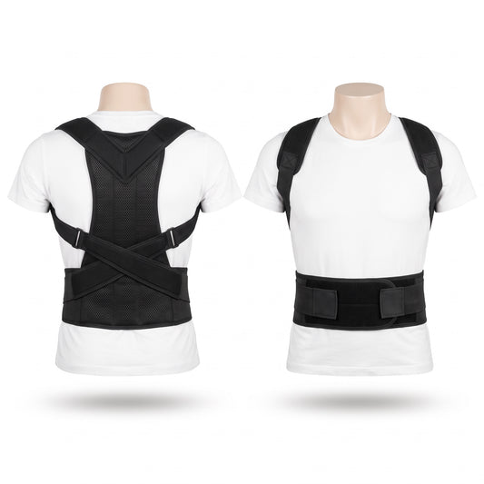 Fram- och bakvy packshot av hållningsstödet på vit torso