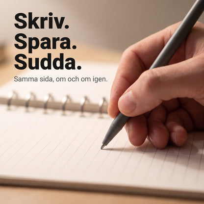 Närbild på handen som skriver i blocket med texten Skriv spara sudda