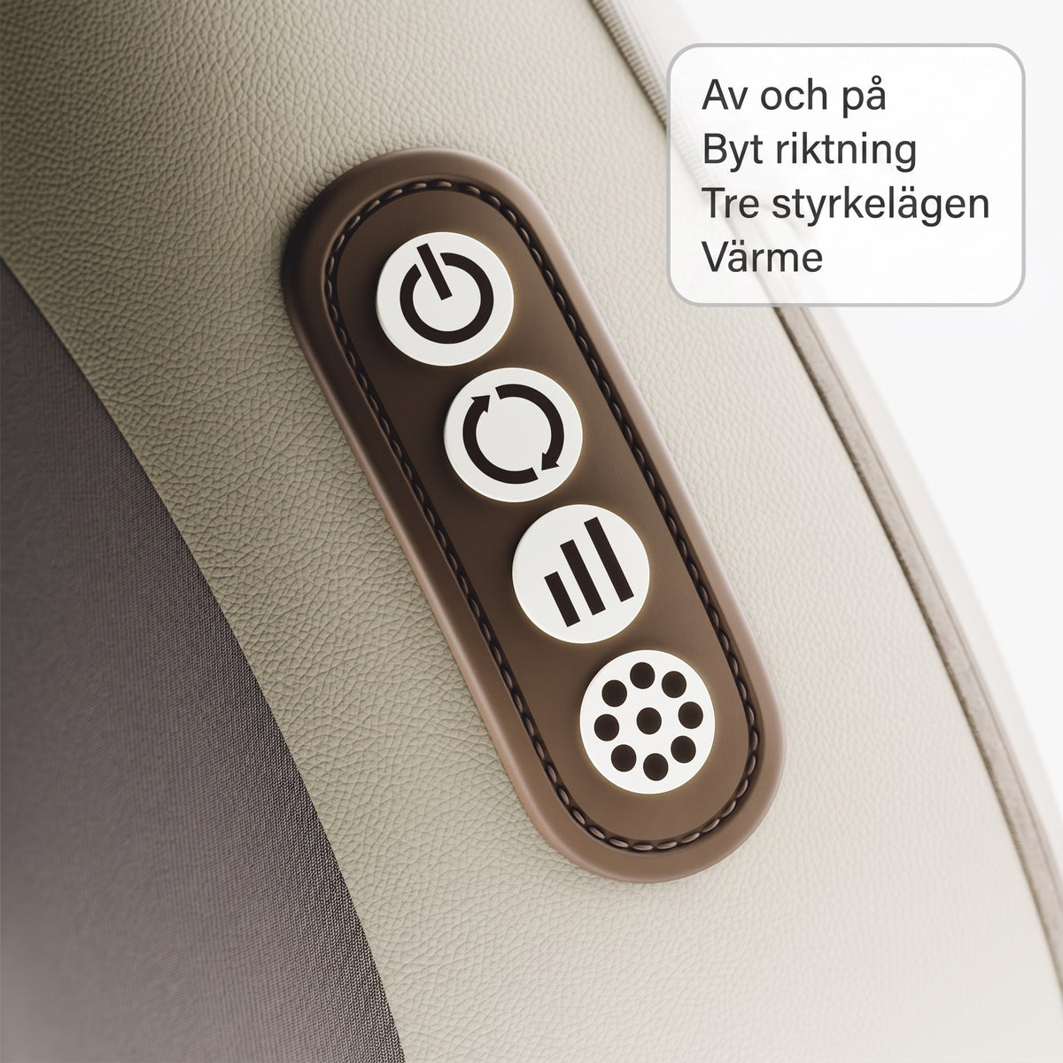 Närbild på kontrollpanelen med knapparna förklarade på svenska