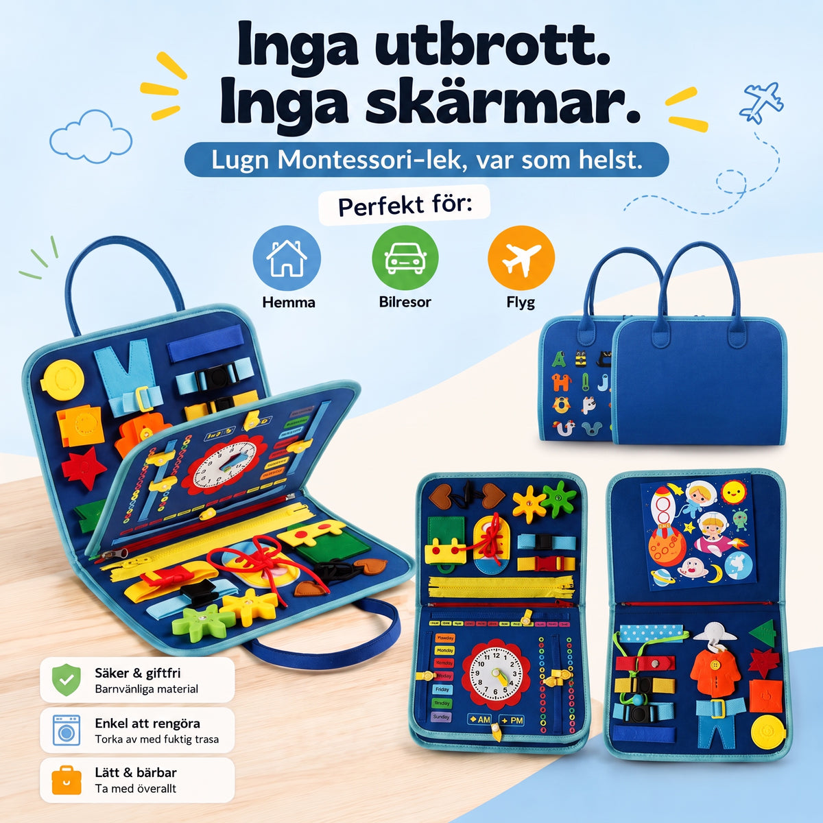 Aktivitetsboken med texten Inga utbrott, inga skärmar och tre användningsområden