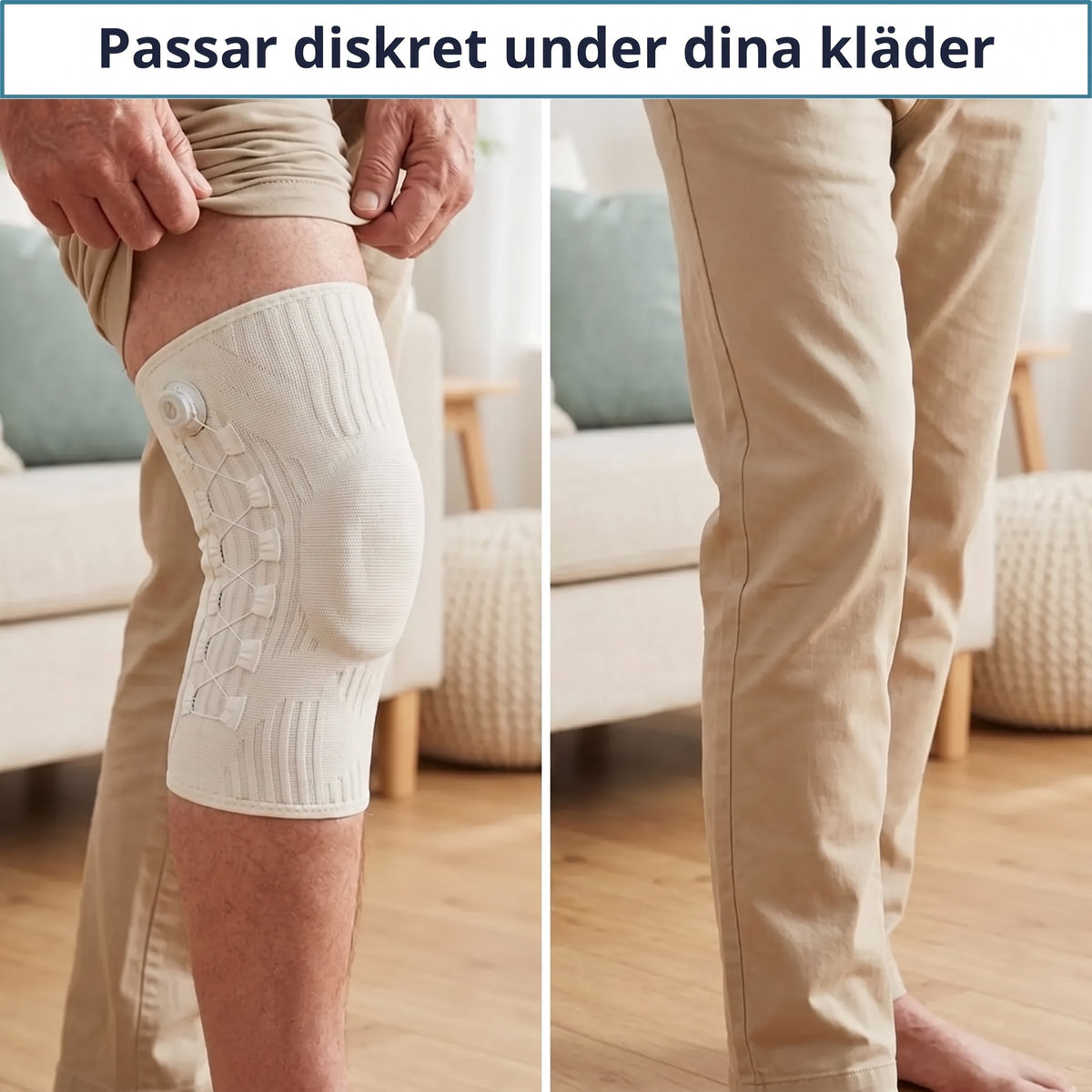 Knäortosen på ett ben med och utan byxbenet nedfällt