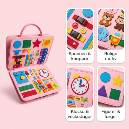 Den rosa aktivitetsboken med fyra närbilder på aktiviteterna