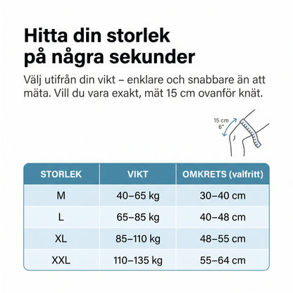 Storlekstabell för knäortosen med vikt och omkrets