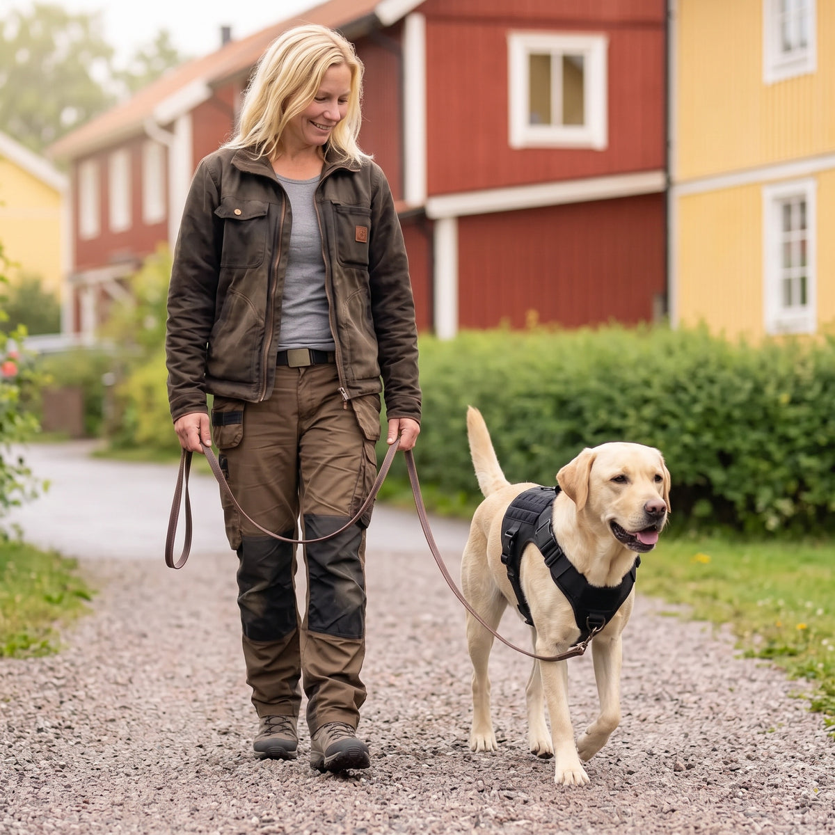 Hund i svart taktisk sele pa promenad