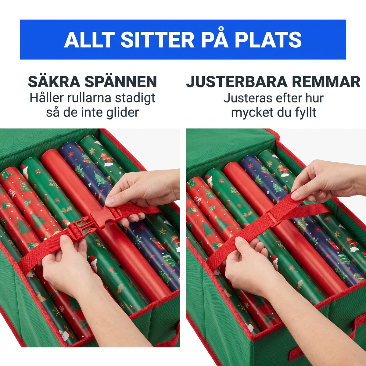 Säkra spännen och justerbara remmar håller rullarna på plats
