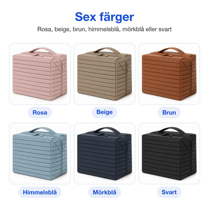Sminkväskan i sex färger: rosa, beige, brun, himmelsblå, mörkblå och svart
