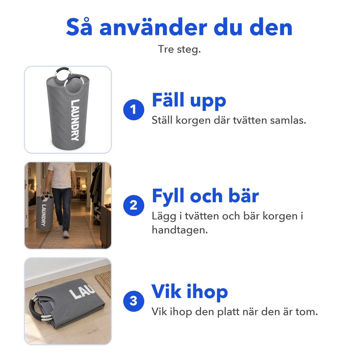 Tre steg: fäll upp korgen, fyll och bär den i handtagen, vik ihop den platt när den är tom