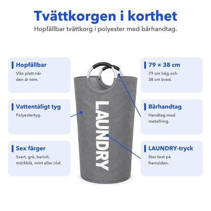 Fakta om tvättkorgen: hopfällbar, vattentåligt polyestertyg, sex färger, 79 × 38 cm, bärhandtag med metallring och LAUNDRY-tryck
