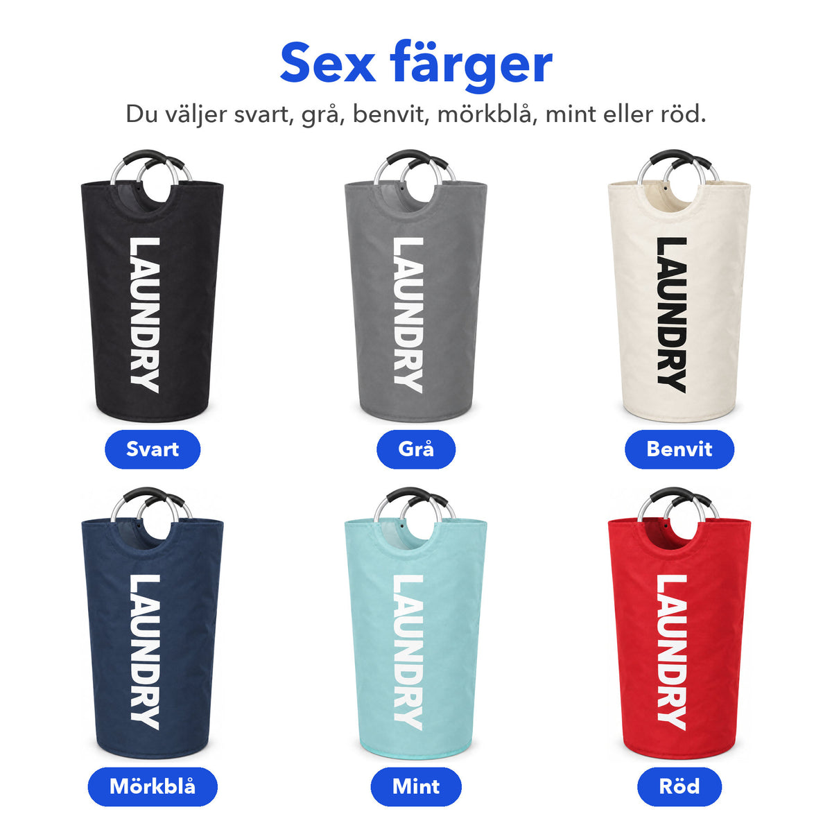 De sex färgerna: svart, grå, benvit, mörkblå, mint och röd