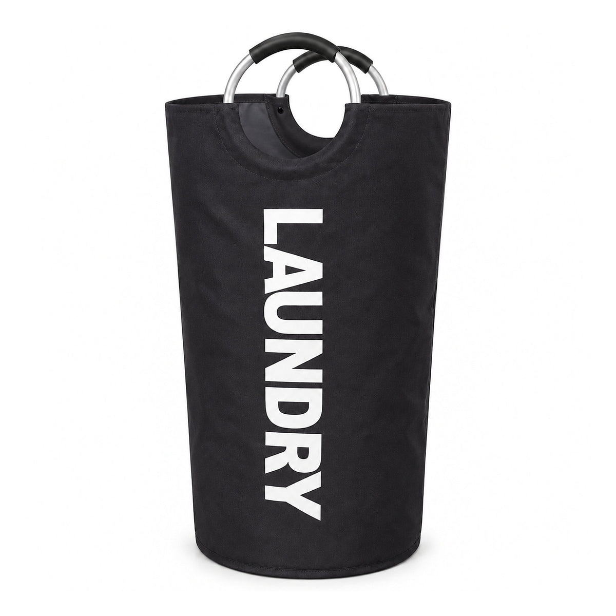 Svart hopfällbar tvättkorg med vit text LAUNDRY på vit bakgrund
