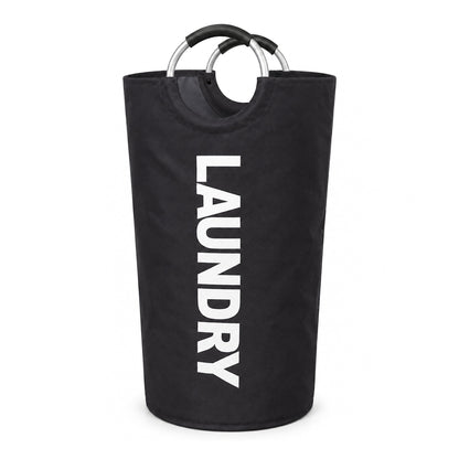 Svart hopfällbar tvättkorg med vit text LAUNDRY på vit bakgrund