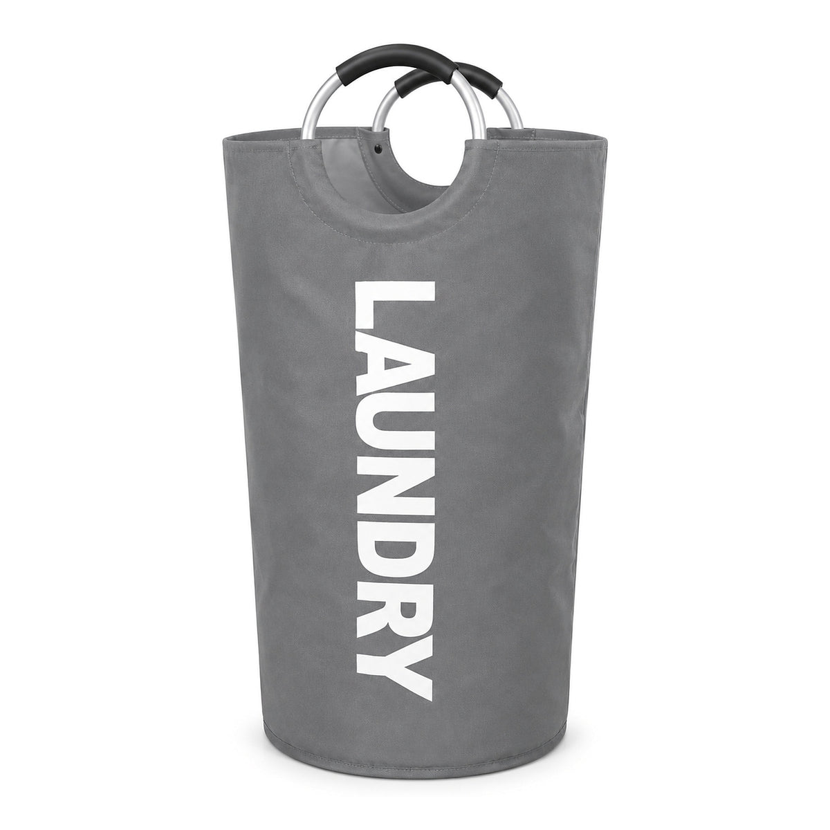 Grå hopfällbar tvättkorg med vit text LAUNDRY på vit bakgrund