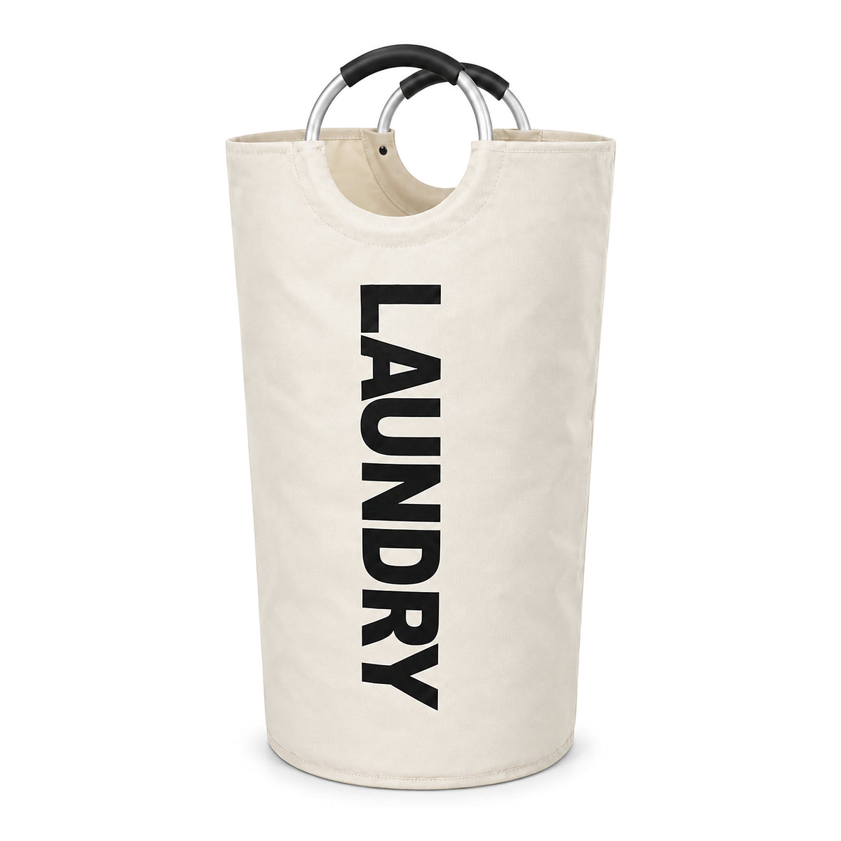 Benvit hopfällbar tvättkorg med svart text LAUNDRY på vit bakgrund